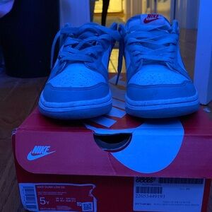 Grey white and red Nike dunk low